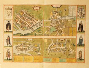 Kaart van Galway, Dublin, Limerick en Cork uit Civitates Orbis Terrarum door Georg Braun and Hogenberg Franz