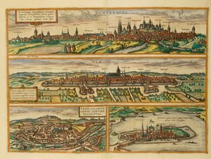 Kaart van Neurenberg, Ulm, Salzburg en Lindau uit Civitates Orbis Terrarum