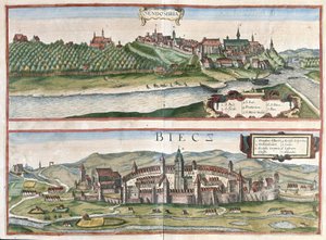 Sandomierz en Biecz, Polen (ets) door Georg Braun and Hogenberg Franz