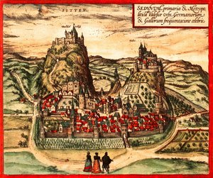 Sion, Zwitserland door Georg and Hogenberg Franz (1535 90) Braun