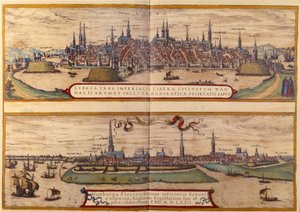 Bovenaanzicht van de stad Lübeck, onderaan de stad Hamburg in Duitsland. Gravure uit de Atlas van “Braun en Hogenberg” 1572