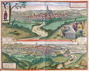 Caslav (Bohemen) en Chomutov, Tsjechië (gravure) door Georg Braun and Hogenberg Franz