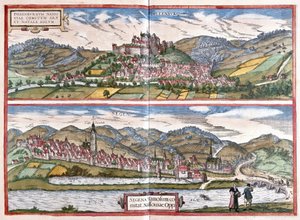 Dillenburg (Hessen) en Siegen (Noordrijn-Westfalen), Duitsland door Georg Braun and Hogenberg Franz