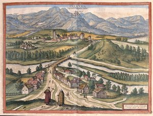 Dregelypalank, Hongarije (gravure) door Georg Braun and Hogenberg Franz
