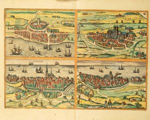 Helsingborg, Lund, Malmö, Elbogen en Landskrona, uit Civitates Orbis Terrarum, Keulen door Georg Braun and Hogenberg Franz