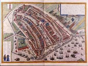 Kaart van Amsterdam. Atlas van Braun en Hogenberg. Amsterdam 1588 door Georg Braun and Hogenberg Franz