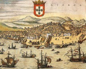 Kaart van de stad Lissabon, uit Civitates Orbis Terrarum door Georg Braun en Franz Hogenberg, gravure door Georg Braun and Hogenberg Franz