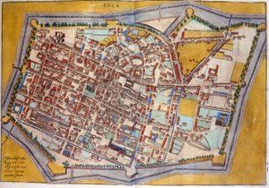 Plan van Lucca in 1585. Atlas van Braun & Hogenberg