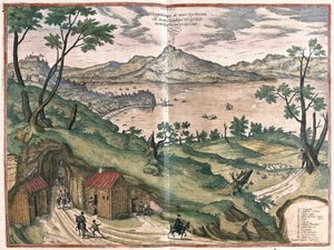 De baai van Napels en de Vesuvius, Italië, in 1579 (ets)