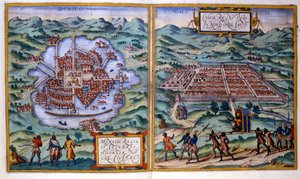 Uitzicht op Mexico-Stad (Mexico) en Cuzco (Peru). Atlas Braun & Hogenberg