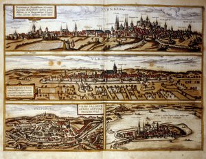 Uitzicht op de Duitse steden Neurenberg en Ulm, Salzburg, Oostenrijk. Gravure uit de Atlas van 
