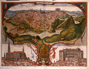 Uitzicht op de stad Toledo in de 16e eeuw. Gravure door George Braun in 