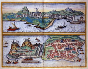 Uitzicht op de haven van Candie (het huidige Heraklion) op Kreta en de haven van Corfu in Griekenland. Gravure door George Braun in 