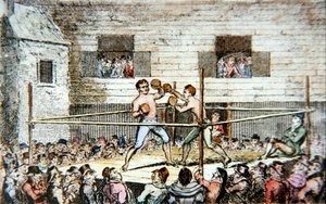 Een sparwedstrijd op de fives-baan, Londen, uit een prent gepubliceerd in 1812 door George (after) Cruikshank