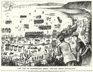 Punch cartoon: Laag Tij op Scarborough Sands - Baden onder Moeilijkheden (gravure) door George (after) Du Maurier