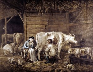 De Koeienstal mezzotint naar George Morland (1763-1804) Engelse kunstenaar. Koeienman melkt in emmer. Melkmeisje wacht, houdt juk vast waarop emmers worden gedragen. Hooizolder: Lantaarn: kippen. Melkmeisjes 