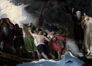 Prospero en Miranda, rechts, staand op het eiland terwijl de zeelieden schipbreuk lijden door George (after) Romney