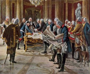 Frederik de Grote houdt een krijgsraad met zijn generaals, augustus 1756 (kleurenlitho) door George (after) Schobel