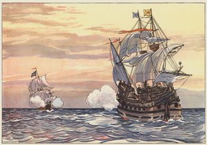 Een Spaanse koopvaarder achtervolgd door een piraat door George Alfred Williams
