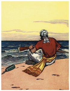 Een piraat achtergelaten op een verlaten eiland kijkt naar de horizon Illustratie uit 