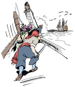 Een piratenschip achtervolgt een schip Illustratie uit 