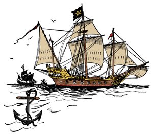 Een piratenschip bij Turtle Island in de Caribische Zee Illustratie uit 