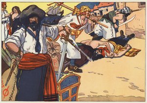 De piraten trokken door de straten, brandend, plunderend en moordend