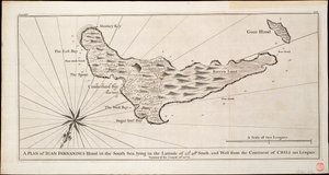 Een plan van Juan Fernandes Eiland in de Zuidzee, gelegen op de breedte van 33d. 40m. zuid, en west van het continent Chili 110 mijlen, c.1750
