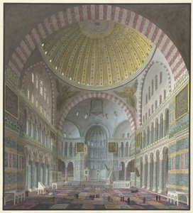 Interieur van de Aya Sophia met geknielde en staande Turken door George Antoine Prosper Marilhat