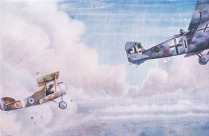 Een luchtduel: The Blind Spot, uit Cassells History of the British People uitgegeven door de Waverley Book Company Limited, c.1940 door George Arnold