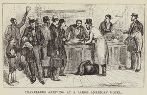 Reizigers die aankomen bij een groot Amerikaans hotel