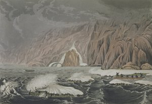 Expeditie die Kaap Barrow verdubbelt, 25 juli 1821, uit Verhaal van een reis naar de kusten van de Poolzee in de jaren 1819-22 door Sir John Franklin, gegraveerd door Edward Finden