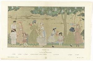 Gazette du Bon Ton, Zomer 1915 - No. 8-9, Pl. 3: Vichy (II) / of / Het Spel van de Marionetten door George Barbier