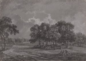 Parkscène met herten, vee en een groep figuren door George Barret