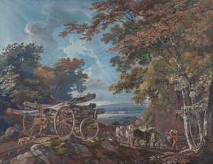 Houtwagen op een Ruwe Weg (een van een paar) door George Barret