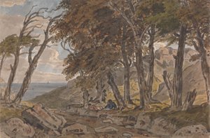 Figuren aan de oever van een beboste laan, met zee in de verte links door George Barret Jr.
