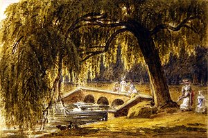 Vrouwen en kinderen bij een sierbrug in een park door George Barrett