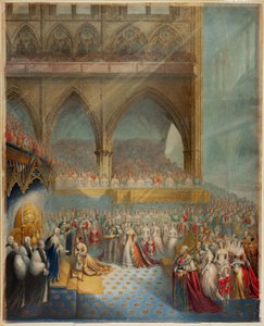 Hare Majesteit Koningin Victoria ontvangt het sacrament bij haar kroning door George Baxter