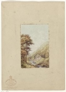 Heuvelachtig landschap met beekje door George Baxter