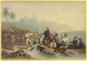 De ontvangst van ds. J. Williams, op Tanna in de Zuidzee, de dag voordat hij werd vermoord door George Baxter