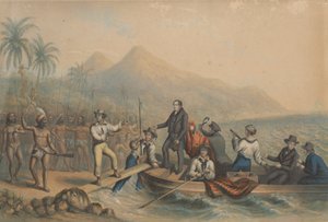 De ontvangst van de eerwaarde J. Williams op Tanna in de Zuidzee, de dag voordat hij werd vermoord door George Baxter