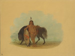 Een Cheyenne Krijger Rust Zijn Paard Uit door George Catlin