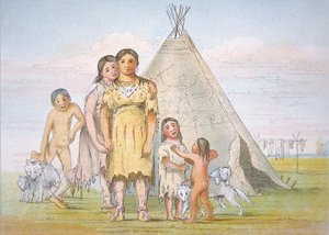 Een Comanche familie buiten hun tipi door George Catlin