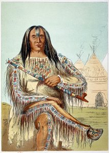 Amerikaanse Indianen: Portret van een leider van de Blackfoot-stam (Blackfeet) ongeveer 50 jaar oud. Illustratie door George Catlin