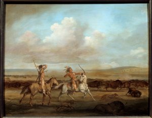 Amerikaanse Indianen te paard jagen op de bizon door George Catlin
