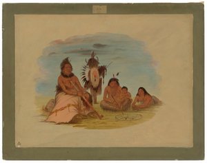 Een oude Minatarree-hoofdman en zijn familie door George Catlin