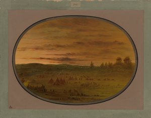 Een Indiaans kamp bij zonsondergang
