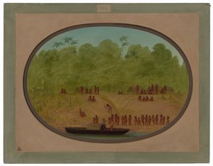 Een Omagua-dorp - Bootschets door George Catlin