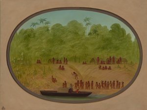 Een Omagua-dorp - Bootschets door George Catlin