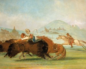 Batiste en ik op buffeljacht, monding van de Yellowstone door George Catlin
